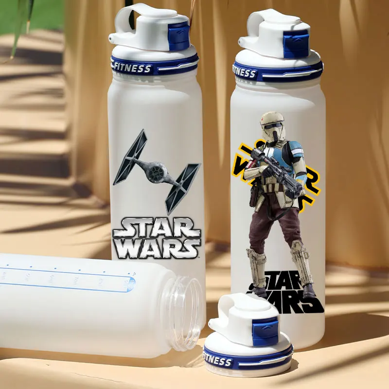 Botella de agua mate de 1L para Star Wars con líneas de escala, accesorios de taza de plástico blanco de dibujos animados de 1000ml, botella de agua, taza escolar