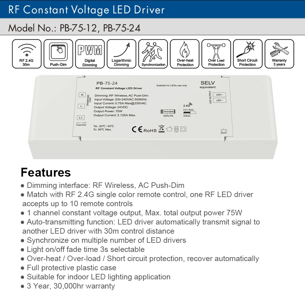 LED Driver Dimmable DC 12V 24V 75W Wireless 2.4G RF Remote Control Push Dimmer Constant Voltage Light 12 Volt LED Dimming Driver