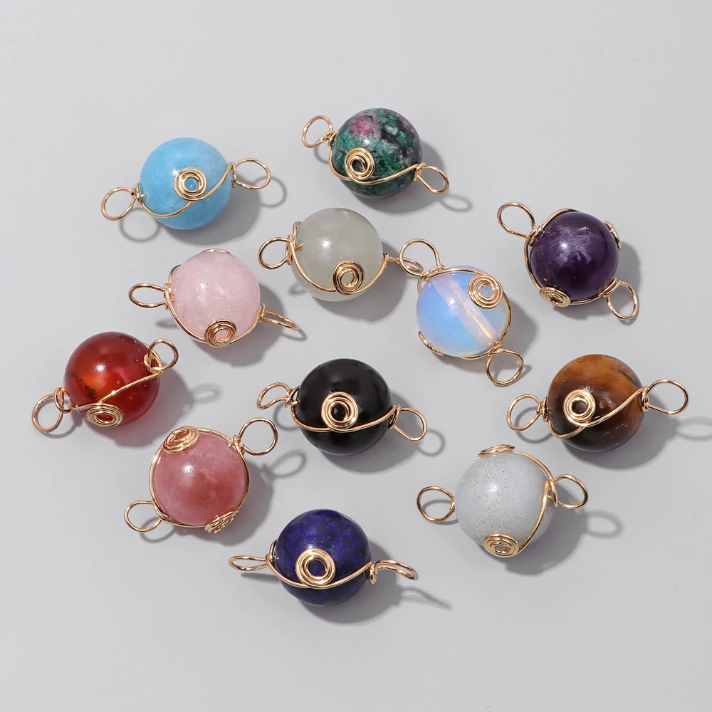 5pcs Natural Stone Charms Round Double Hole Beads Connectors Wire Wrapped 10MM Bead Charm For DIY Necklace Jewelry Accessories