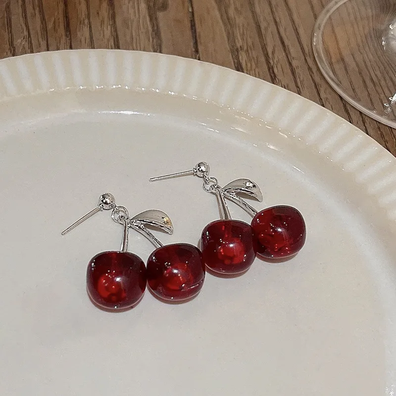 New Sweet Summer Red Transparent Cherry Fruit Fashion Long Ear Nail Earrings Fashion Black Anime Earring For Women Party Jewelry