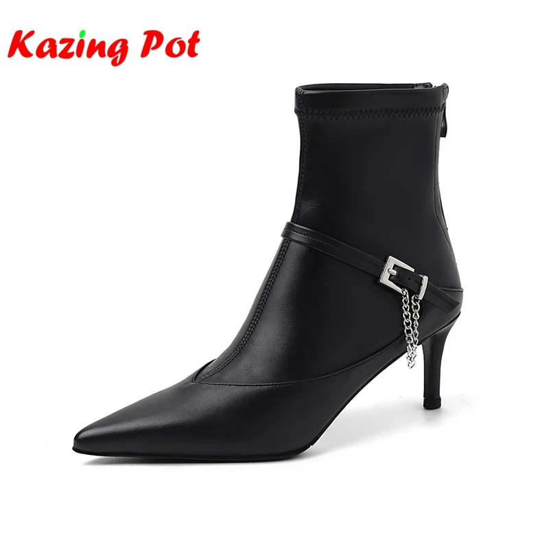 Krazing Pot Microfiber Pointed Toe Thin High Heels Zipper Modern Boots Keep Warm Winter Shoes Basic Clothing Stretch Ankle Boots