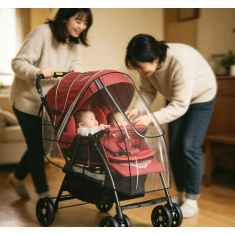 Water Resistant Twin Stroller Cover with Elastic Hem for Double Seat Baby Pushchair for Stormy Weather