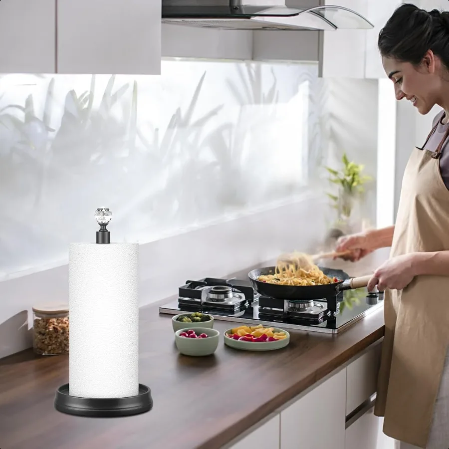 Toallero de papel con cabeza de cristal, soporte de toalla de papel de acero para encimera, soporte de toalla de papel negro para encimeras de cocina, barras D