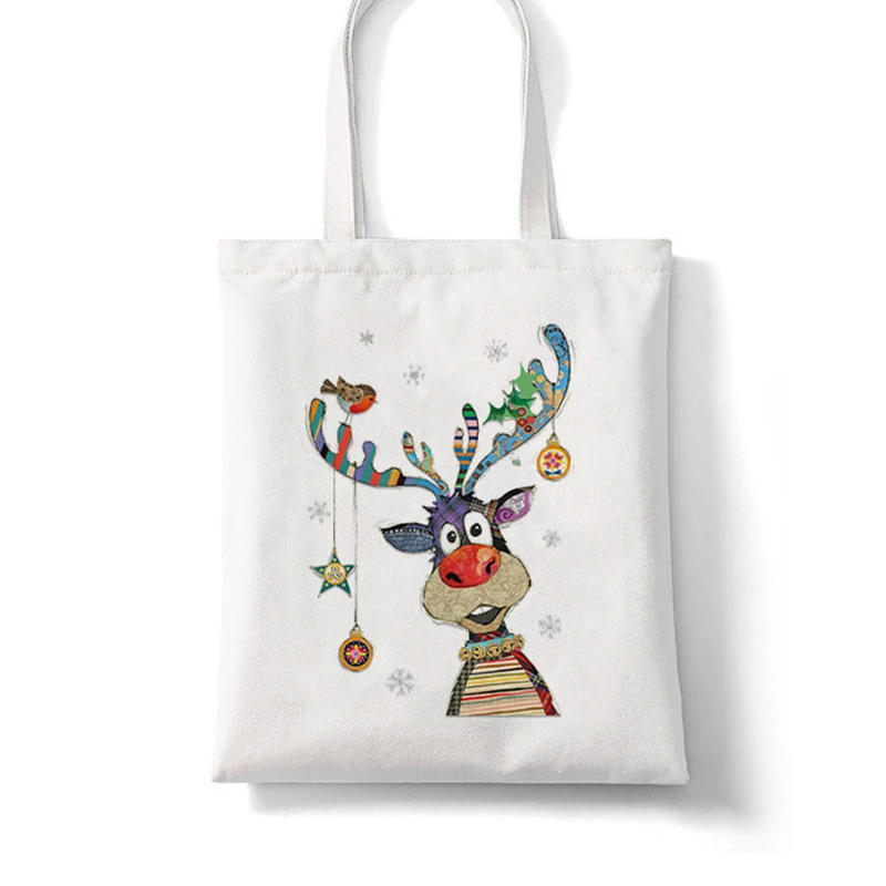 

Christmas Cartoon Reindeer Print Canvas Shoulder Bag Women Colorful Antlers Bird Snowflake Pattern Tote Bag Casual Outfits