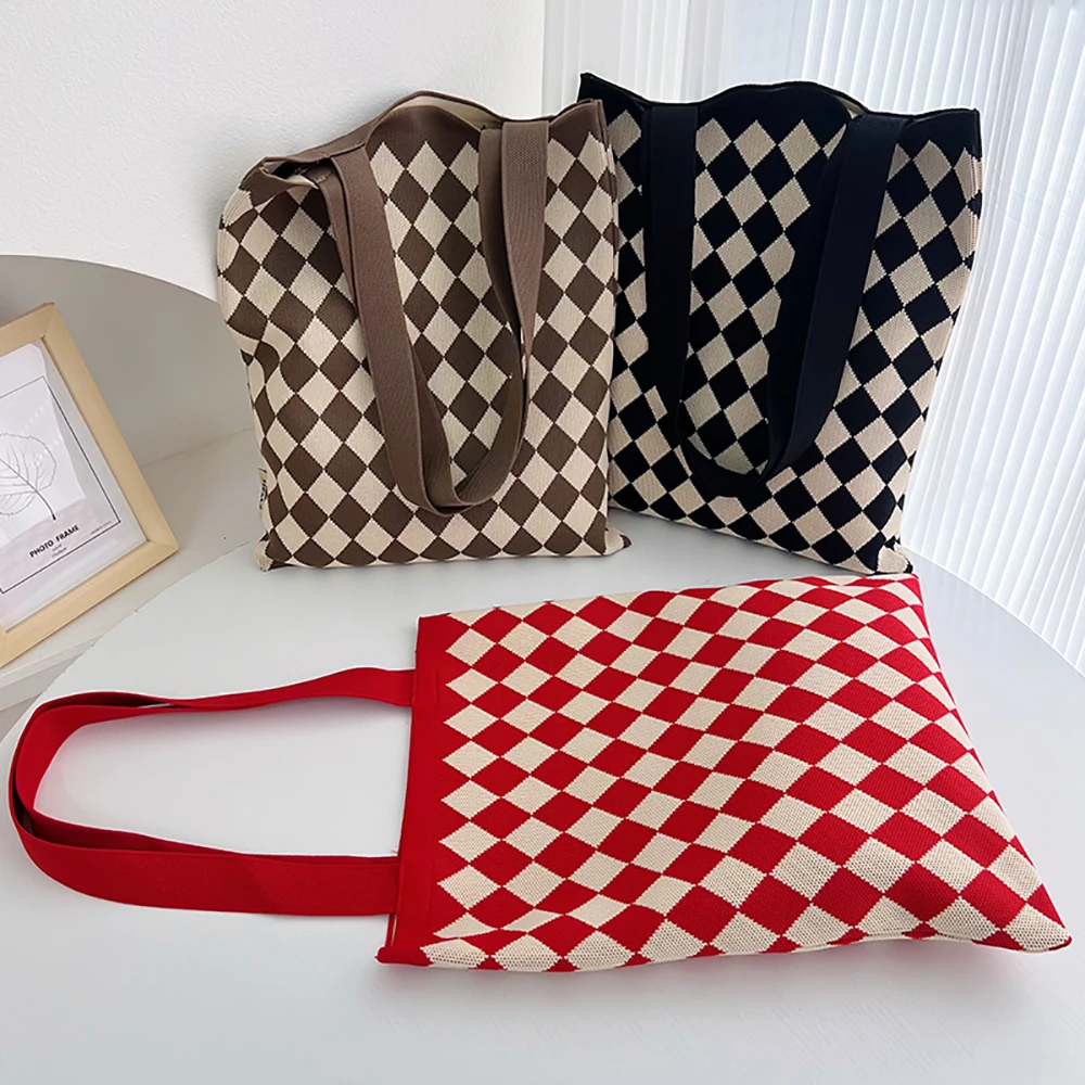 Handmade Knit Handbag Women High Capacity Shoulder Bag Korea New Casual Wide Stripe Plaid Tote Bag Student Reusable Shopping-bag