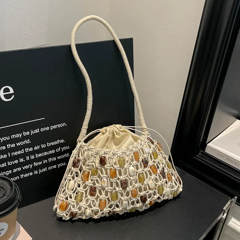 Summer Beaded Large Capacity Shoulder Bag for Women Retro Hollow Out Woven String Crossbody Purse Personality Handbag