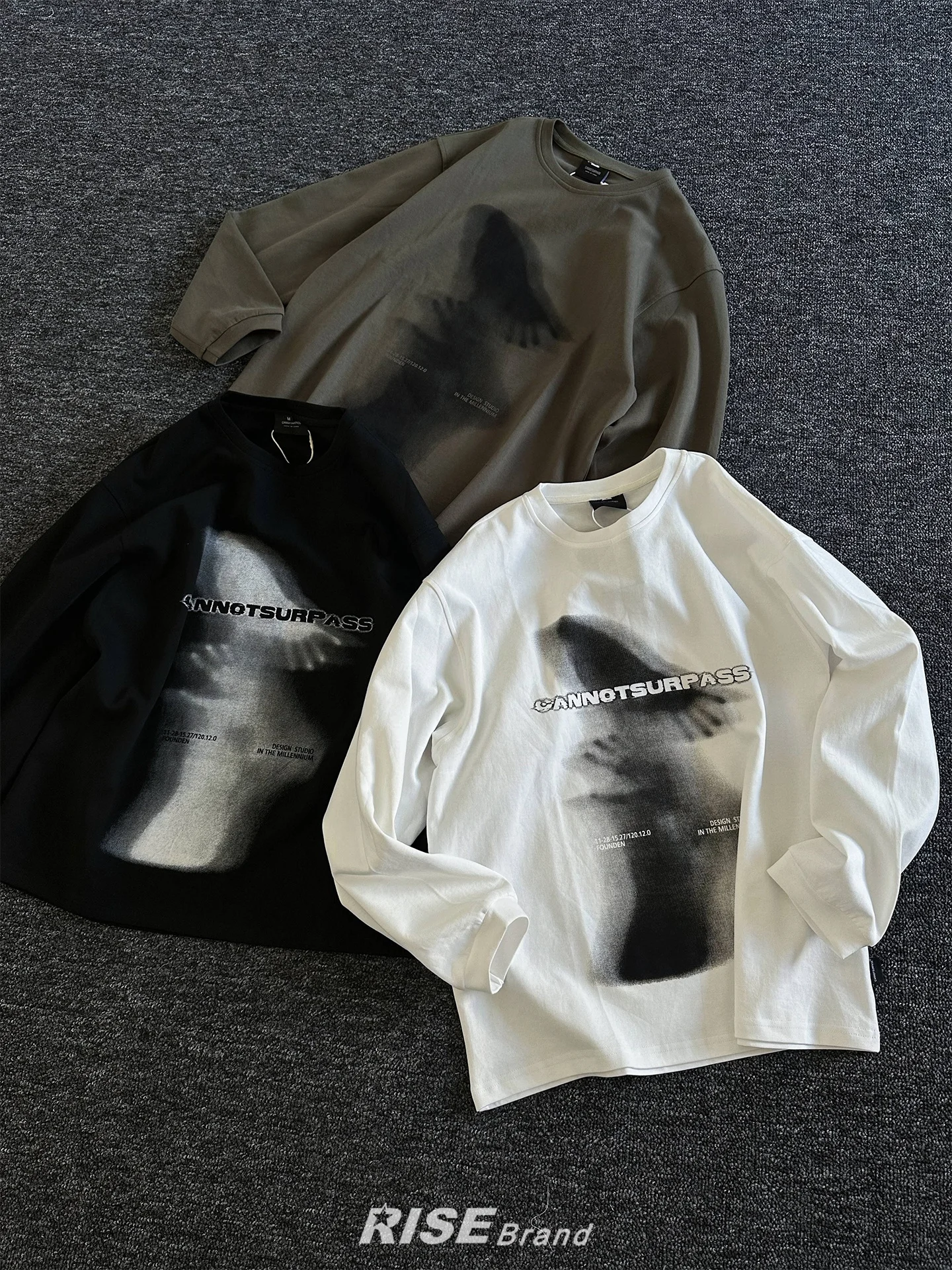 

Rise Brand American Casual Hand Shadow Long Sleeve round Neck T-Shirt Unisex Spring Top Breathable Comfortable Cotton Blend