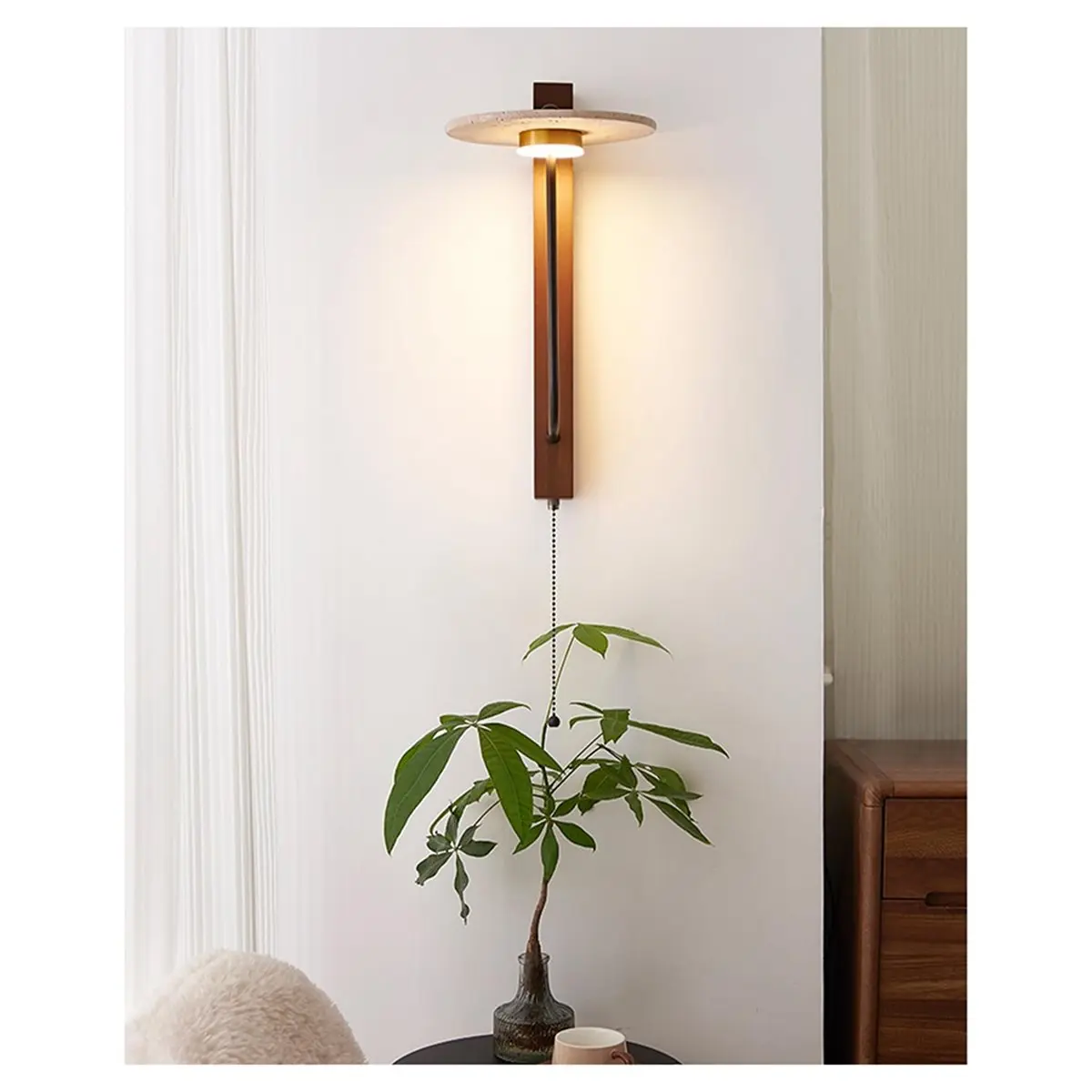 DT81 Light Fixture with Natural Stone Lamp Shade Pull Cord Switch Wood Base, Art Deco Wall Sconces for Bedside Bedroom