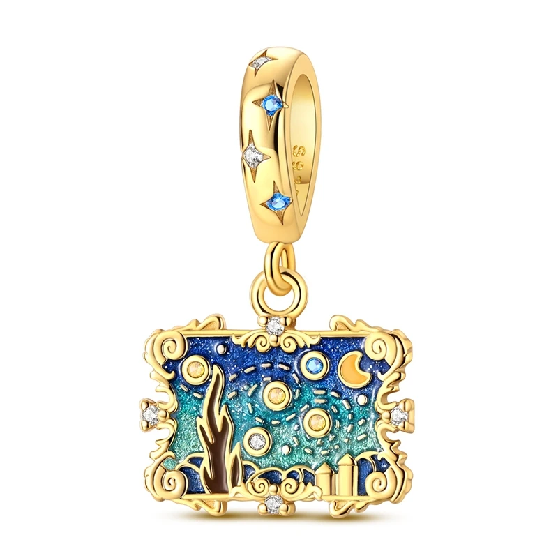 

925 Sterling Silver Charms Bead CZ Zircon Gold Van Gogh Starry Night Painting Dangle Fit Original Bracelet DIY Women Jewelry