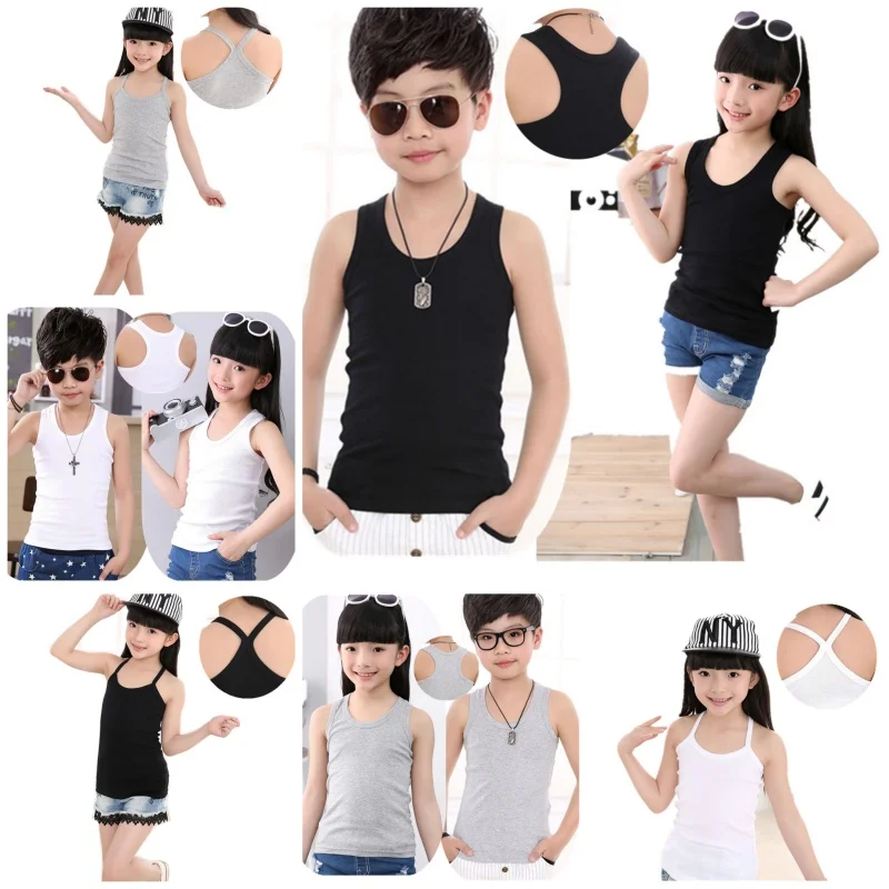 

【LF】Kids Singlet Cotton 90-160cm Boys Girls Tank Tops Solid Color Undershirt Children Vest for Summer