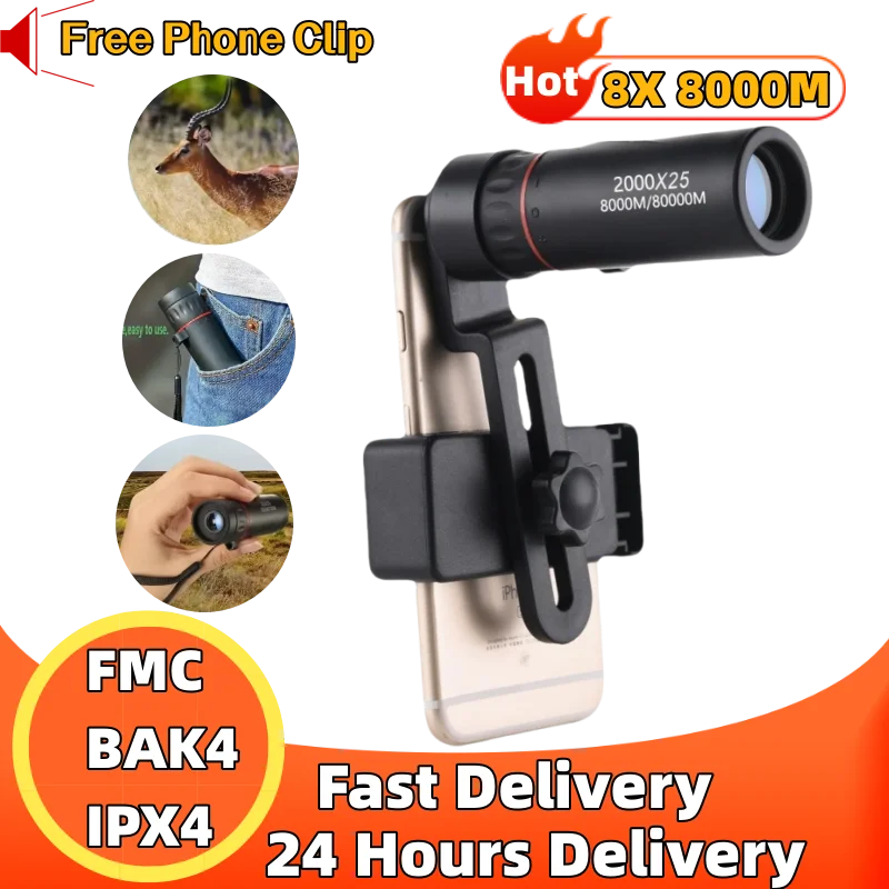 2000x25HD Monocular Telescope Outdoor Mini Portable Telescope Mobile Phone Telescope With Clip Camping Birdwatching Telescopes