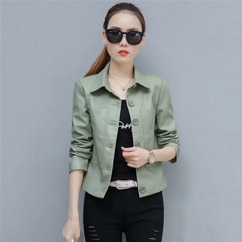 Leather Jacket Women Caramel 3XL 4XL Plus Size Short Slim PU Coat 2024 New Spring Autumn Korean Fashion Chic Moto Clothing