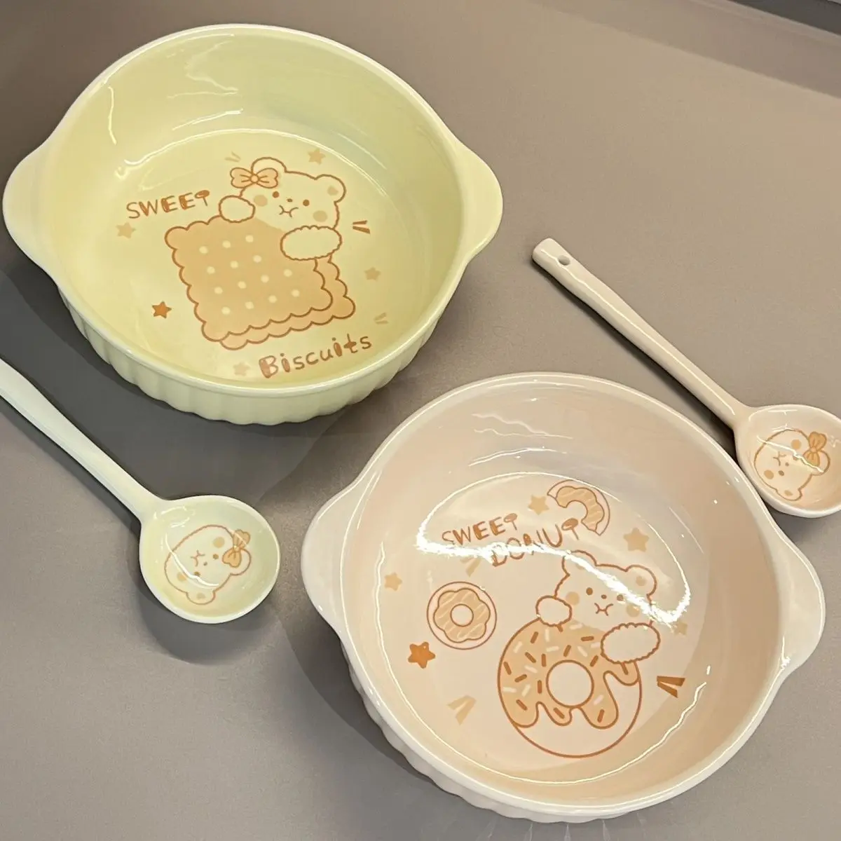 Cream Bear Bowl 7.5-inch Double Ear Ceramic Face Bowl Salad Bowl Underglaze Color Student Cute Home High Beauty Large Ceramic