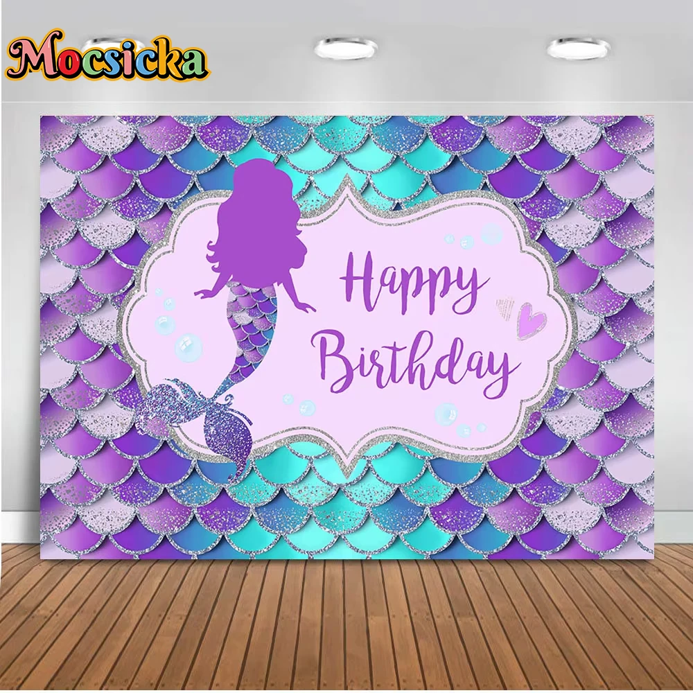 Mocsicka Mermaid Backdrop Under The Sea Girl Blue Purple Scales Party Decoration Happy Birthday Background Photography Photocall