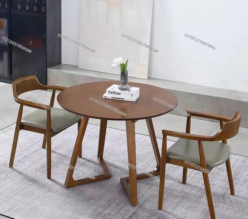 Solid Wood Round Dining Table Simple Casual Negotiation Table Cafe Reception Small Round Table Walnut