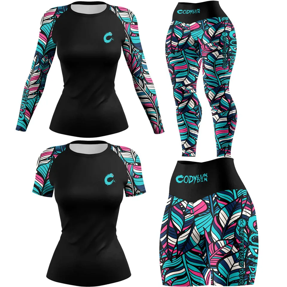 Women's Rash Guard No-Gi Jiu Jitsu Rashguard T-shirt Pant+MMA Shorts Sportsuits for Muay Thai Bjj Boxing Compression Fightwear