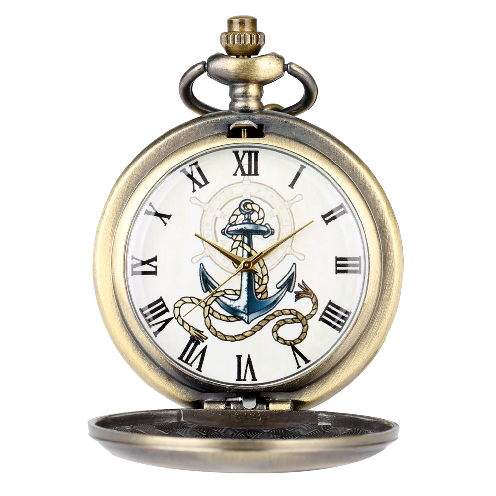 Retro Boat Anchor Pocket Watch Bronze Roman Numeral Dial Pendant Clock with Anchor Accessory Men Women Antique Necklace Souvenir