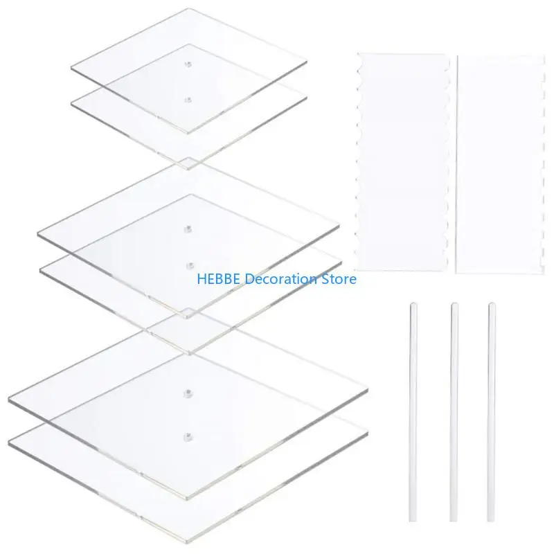 B0KC 11pcs Acrylic Round/Square Cake Disk Set Circle Base Boards with Center Hole Pillar Comb Scrapers Dowel Rod Kitchen Tool