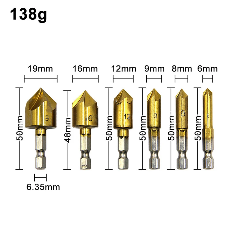 6Pcs Titanium Coating Countersink Drill Bit 1/4'' Hex Shank High Speed Steel 90 Degree Wood Chamfer Cutter 6/8/9/12/16/19mm