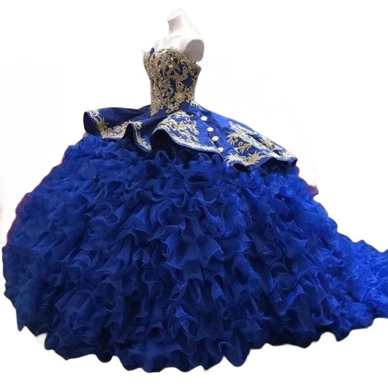 Opravdový snímek královský modrá quinceañera šaty cascading prohrábnout korálkový odstupňovanou sladké 16 kněžna ples večírek šaty vestido 15 14 anos