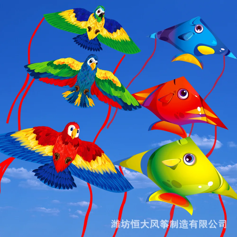 Kinder-Cartoon-Tierdrachen, 3-teiliges Papageien-Kombiset mit kleinem Fisch und 300 cm Schwanz, Kindergeburtstagsgeschenk