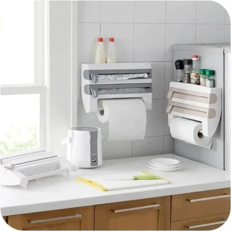 Useful Wall-Mount Paper Towel Holder Sauce Bottle Rack 4In1 Cling Film Cutting Holder Kitchen Accessorie