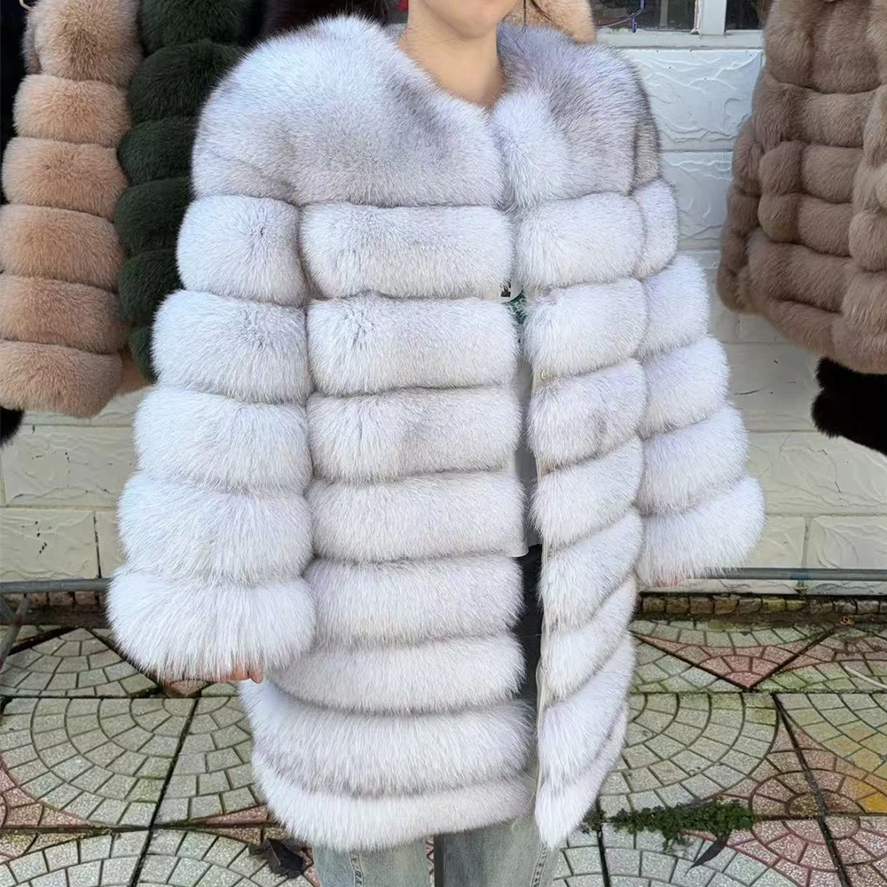 QUEENTINA Fox Fur 90cm Coat Real Winter Women'S New Fashion Furry 2025 Leather And Skin White Natural New In Coats & Jackets
