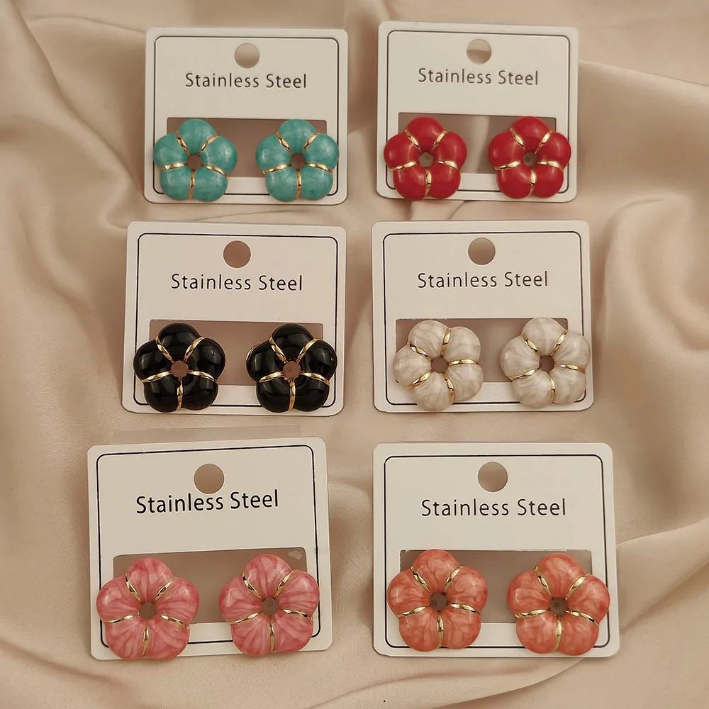

New five-leaf flower colorful enamel 18K gold-plated women's earrings, waterproof and non-fading stainless steel, wife's gift