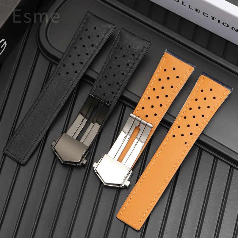 Para tag heuer monaco golfo série excelente permeabilidade ao ar pulseira de relógio de couro de vaca genuíno de qualidade premium 22mm