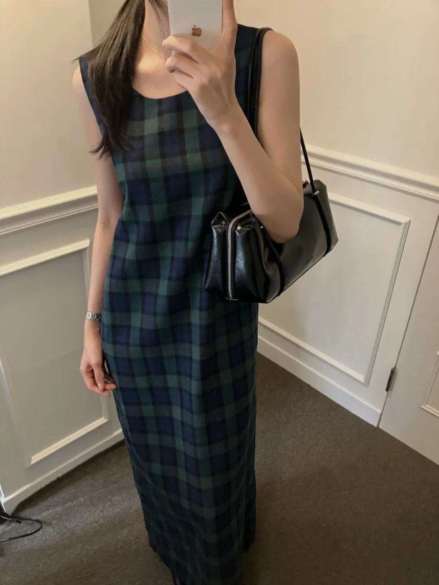 

Retro Chic Plaid Svel Vest Dr round Ne Loose Women's Faion Autumn Spring Winter Dr for Various Ocns