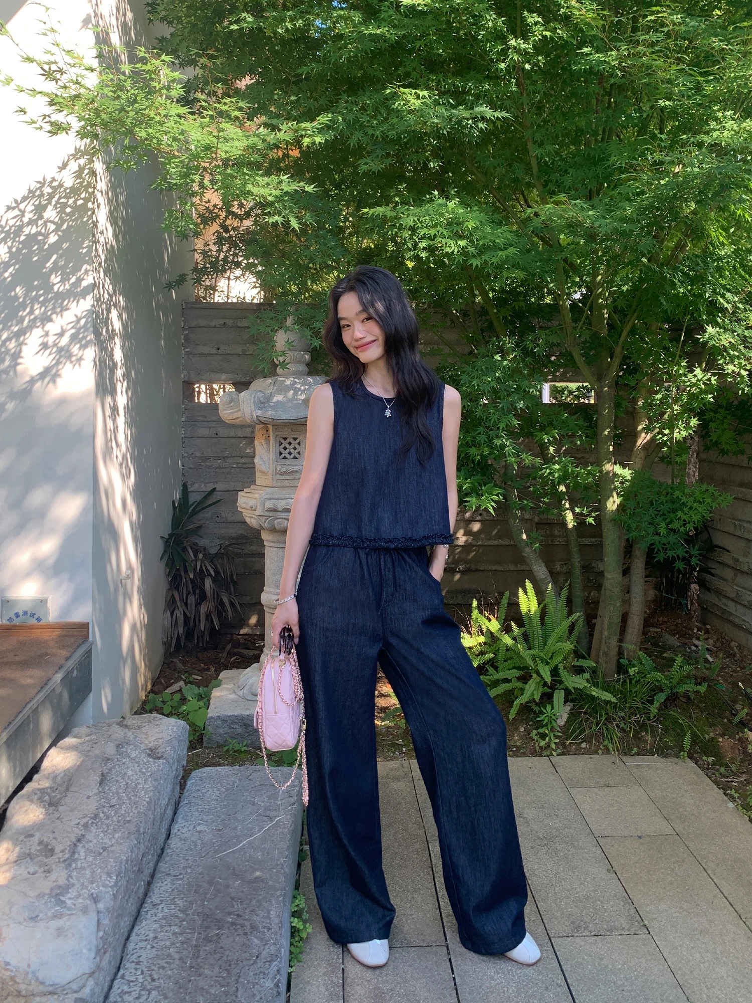 

Pusumede Denim Artist Women's Casual Loose Svel Top with Dstring Wide Leg Pants Matching Set Cotton Polyester Viscose