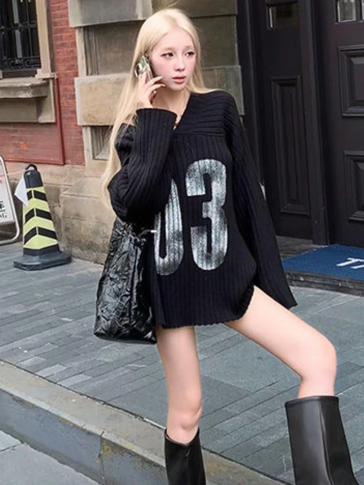 Y2k Aesthetic Vintage Print Loose Pullovers Casual Grunge Harajuku Sweaters V-Neck Off Shoulder All Match Jumpers Korean Fashion