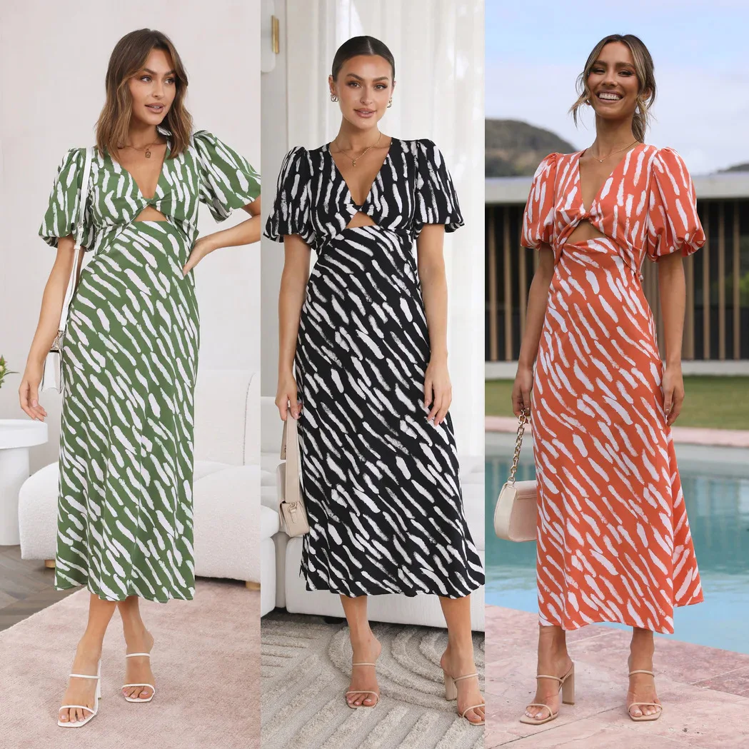 Europejski i amerykański świeży i słodki styl, sukienka z nadrukiem, dekolt w serek, fason A, średniej długości.