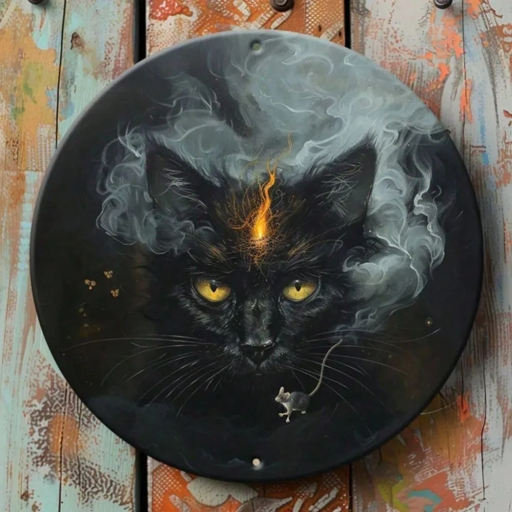 

Gothic Black Cat Metal Wall Art with Glowing Yellow Eyes Fire Design Home Decor Gift