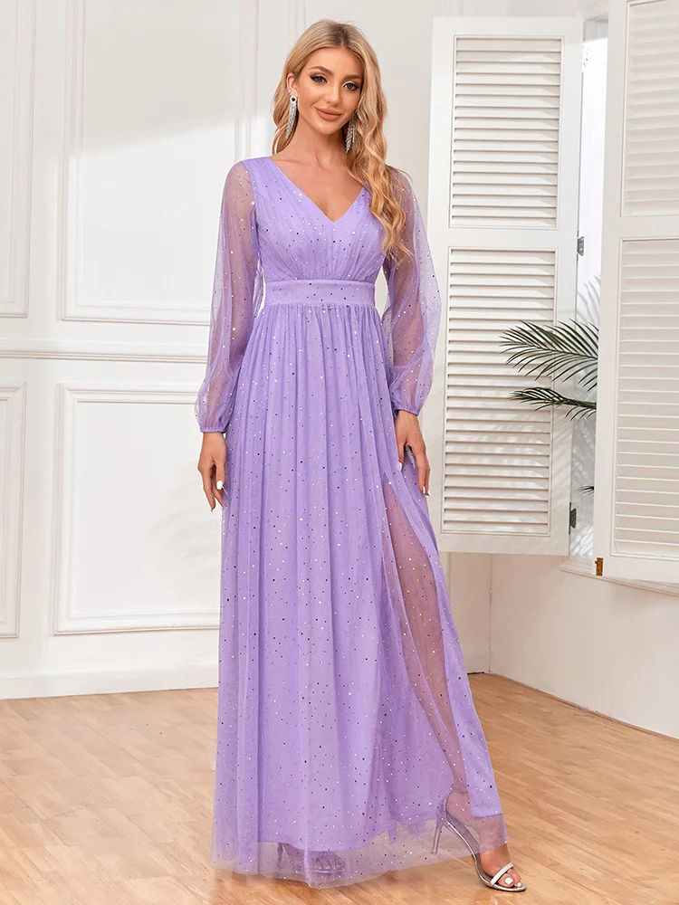 Women's Elegant Double V Neck Sheer Long Sleeve Tulle Shiny Evening Dress A Word Hem Full Lining Wedding Party Dress