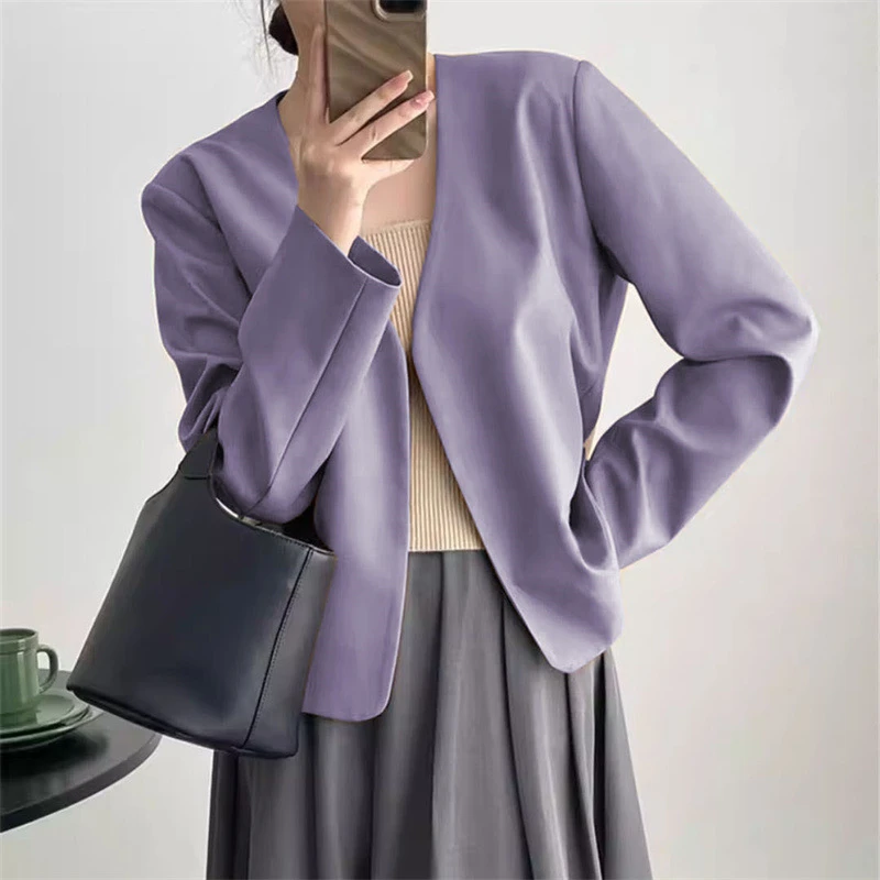 

2025 Spring Autumn Fashion New Women's Suit Jackets Solid Short Coats Korean Blazers Long Sleeve Cardigan Coat Without Placket