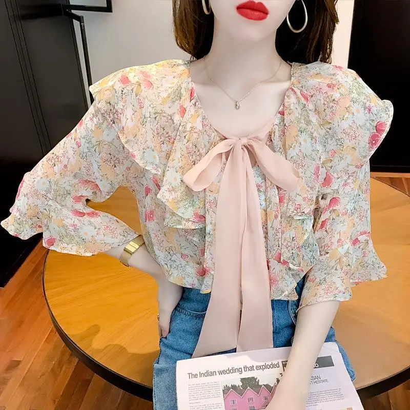 Chiffon with Bow Women\'s Shirts and Blouses Floral Top for Woman Ruffle Frill V Neck Clothing Youthful New Collection 2024 Trend