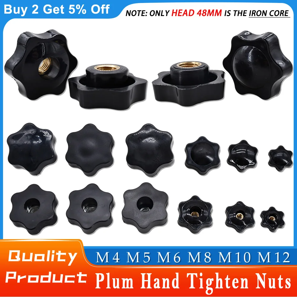 Black Plum Hand Tighten Nuts Thumb Clamping Knob Manual Handle Thread Star Mechanical Torx Thumb Knob Nuts M4 M5 M6 M8 M10 M12