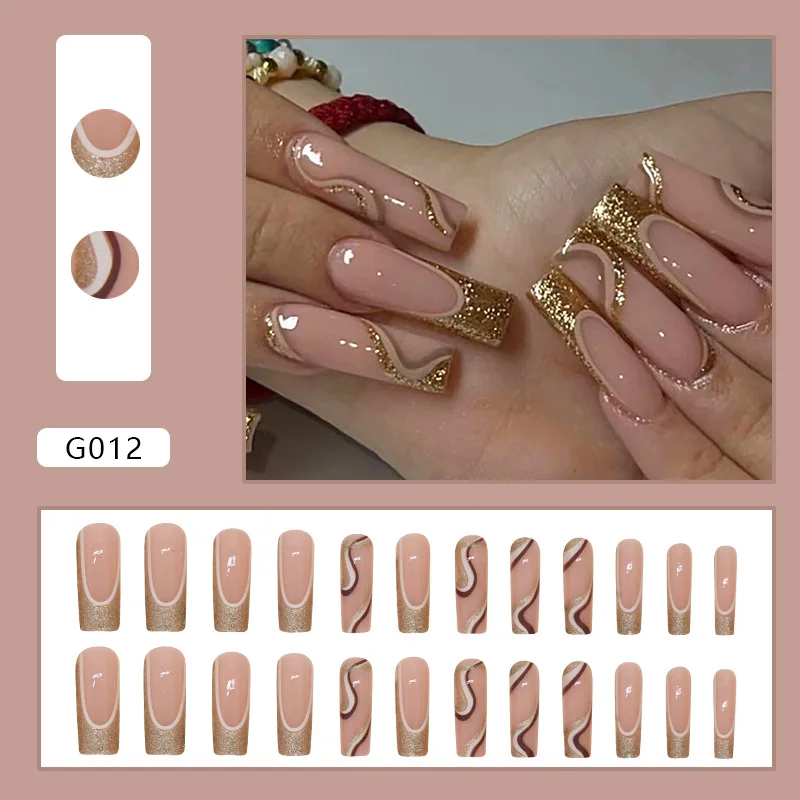 Extra Lange Nep Nagels Kunst Franse Nagels Set Pers Op Valse Nagels Met Lijm Goud Glitter Modieuze Sprankelende Nagel Voor Meisjes