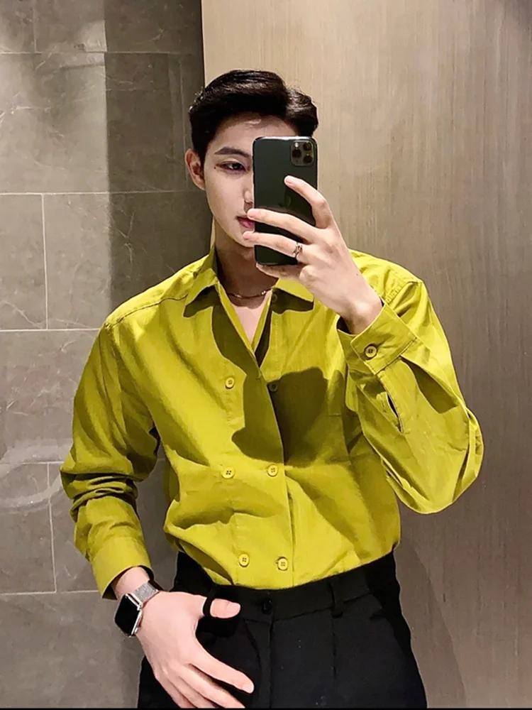 Premium Double-Button Long-Sve Men's irt Loose Casual Sle Autumn New Arrival Simple Design Hair St Top Youth Faion