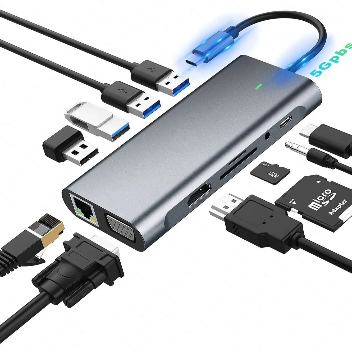 

Док-станция 11 в 1 для ноутбука, USB C хаб, док-станция для Dell, HP, MacBook Pro, Type C, HDMI, PD 3,0, USB, RJ45, VGA, PD, AUX, TF/SD карт