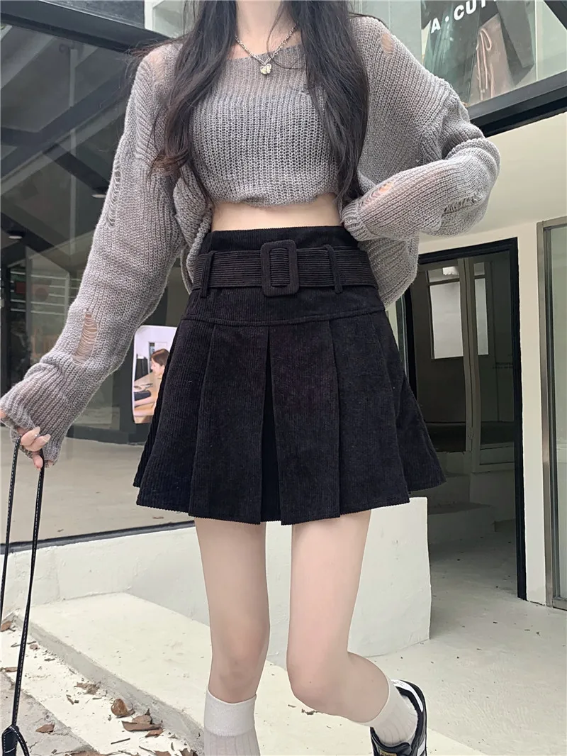 تنورة نسائية شتوية من القطيفة مقاس كبير، تنورة عالية الخصر على شكل حرف A، فستان قصير متعدد الاستخدامات بأسلوب مكتبي، تنورة مط...