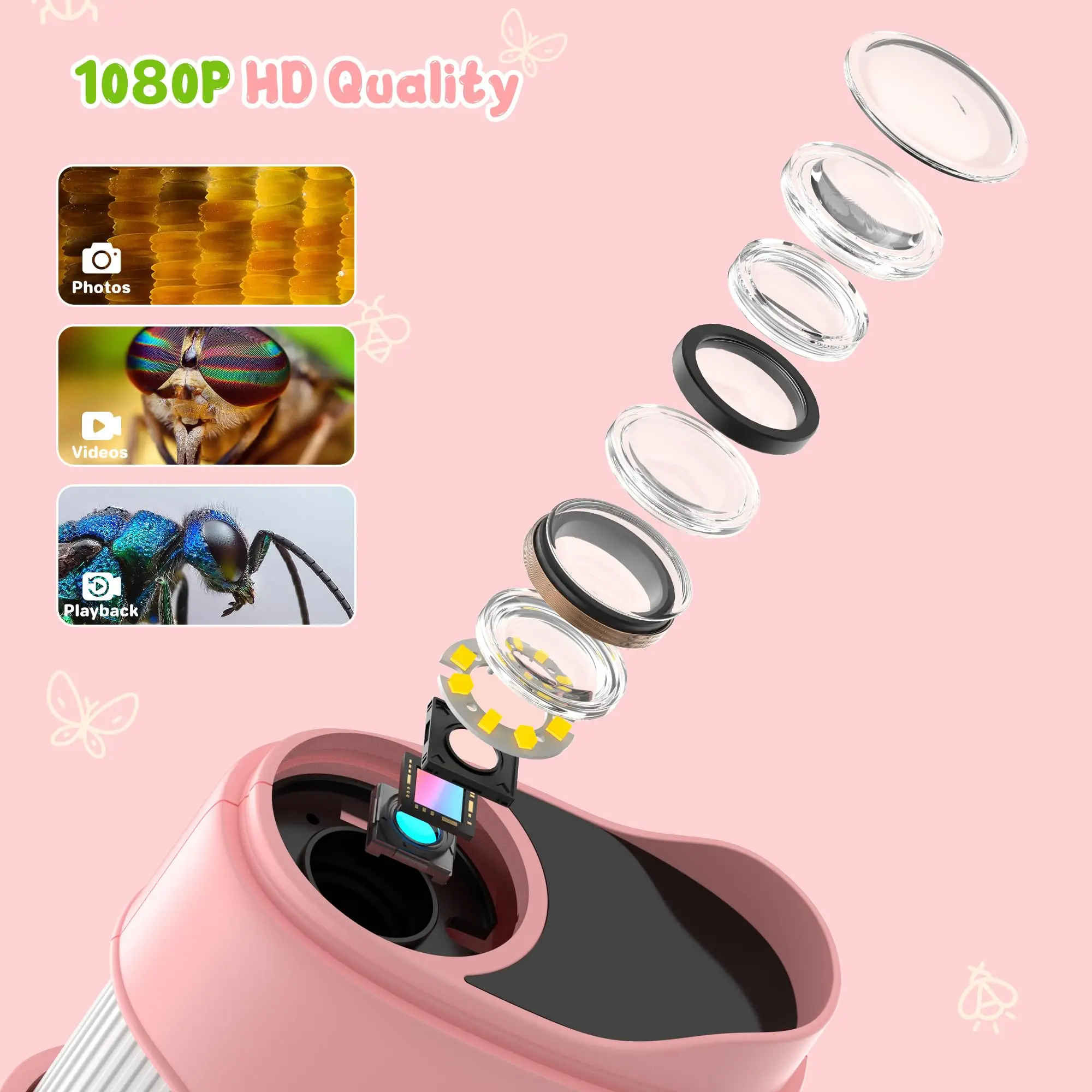1000X Wiederaufladbares Kindermikroskop mit 2,0"-Bildschirm, tragbares Mini-Digitalmikroskop mit 8 LED-Leuchten, tragbares Lernspielzeug, Geschenk für Kinder und Schüler