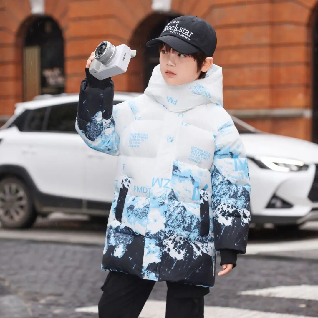 2026 New Boys Mid Length Winter Coat Gradient Thickened Cotton Padded Jacket Kids Outerwear Warm Parka