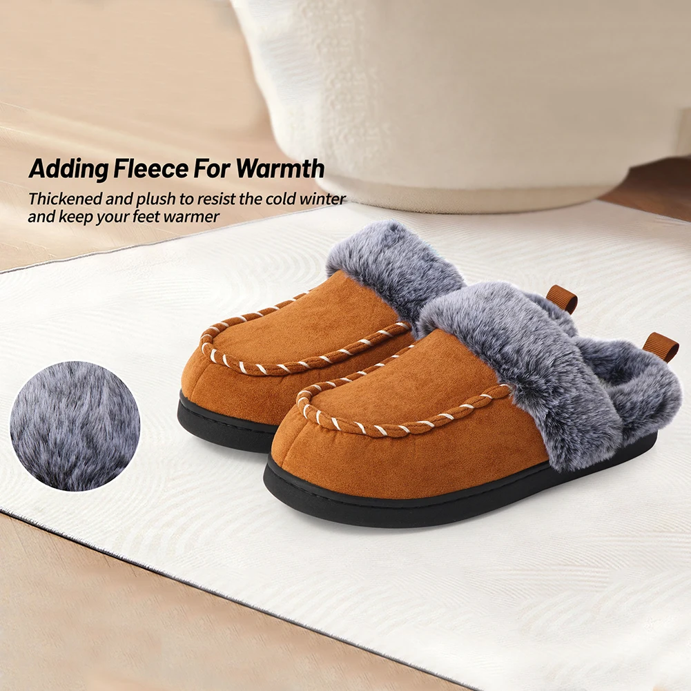 

Men Plush Slippers Fuzzy Home Slippers Slip on House Shoes Warm Lined Soft Floor Shoes Faux Fur Collar for Autumn Winter