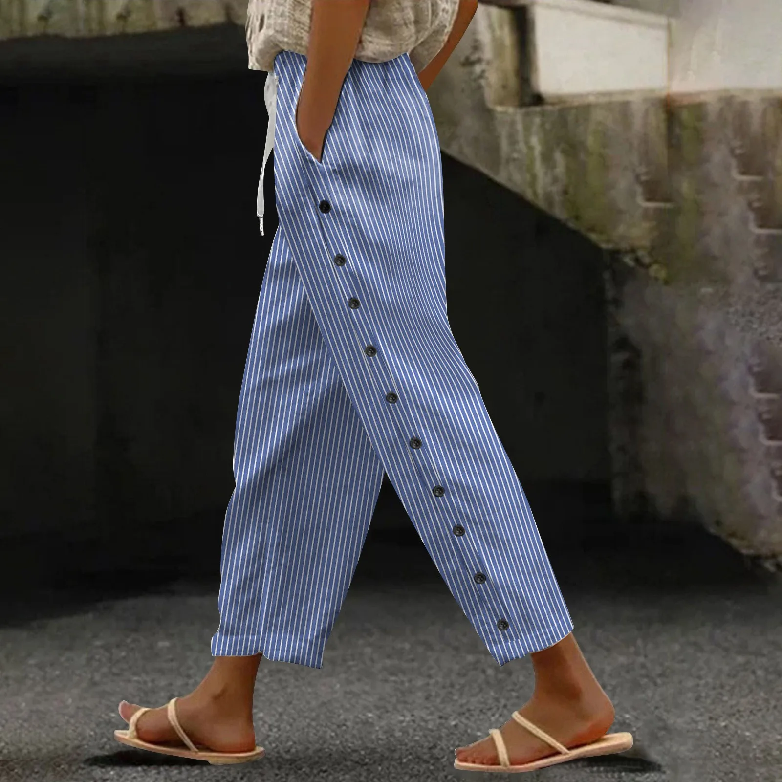 

Women'S Cotton Linen Striped Elastic Waistband Pocket Pants Side Buttons Nine Point Loose Casual H Shaped Straight Leg Trousers