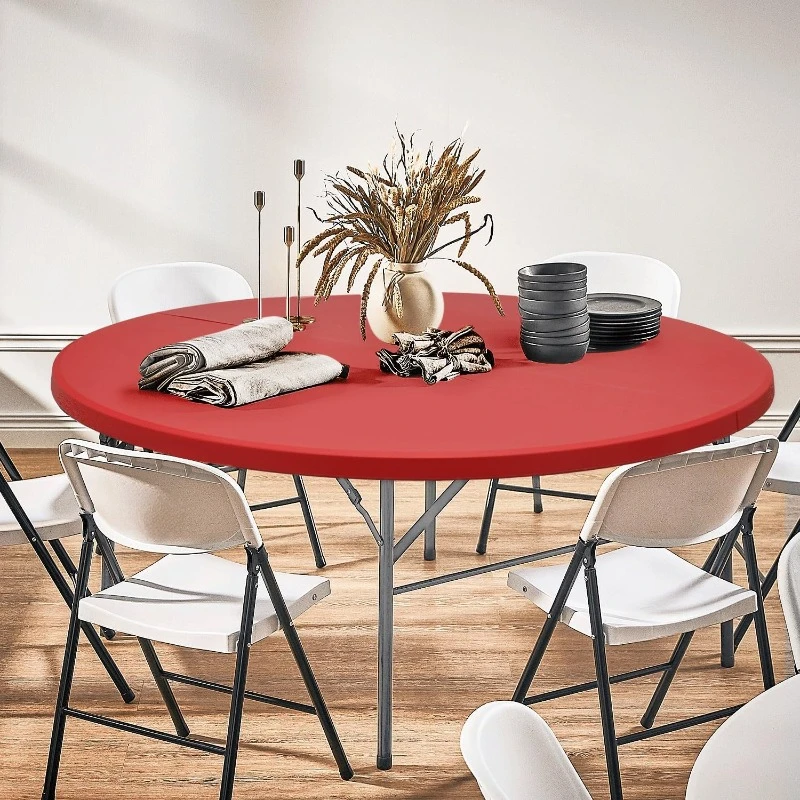 5Ft Round Folding Table, Indoor Outdoor Plastic Dining Card Table with Handle and Lock for Picnic Party Banquet Wedding, Red