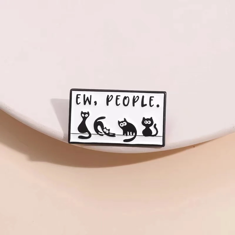 Black Cat Comics Enamel Pins Cartoon Animal Words EW, PEOPLE Brooches Backpack Lapel Badges Custom Jewelry Gift for Kids Friends