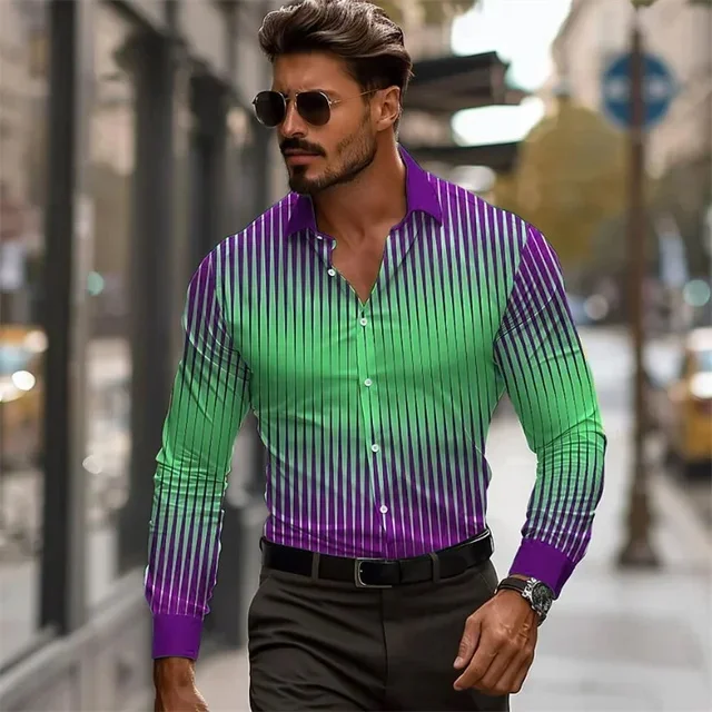 Color Blocking Gradient New Men's Casual Shirt Lightweight Long Sleeved Hawaiian Beach Men's Shirt T-Shirt Linen Shirt MB12