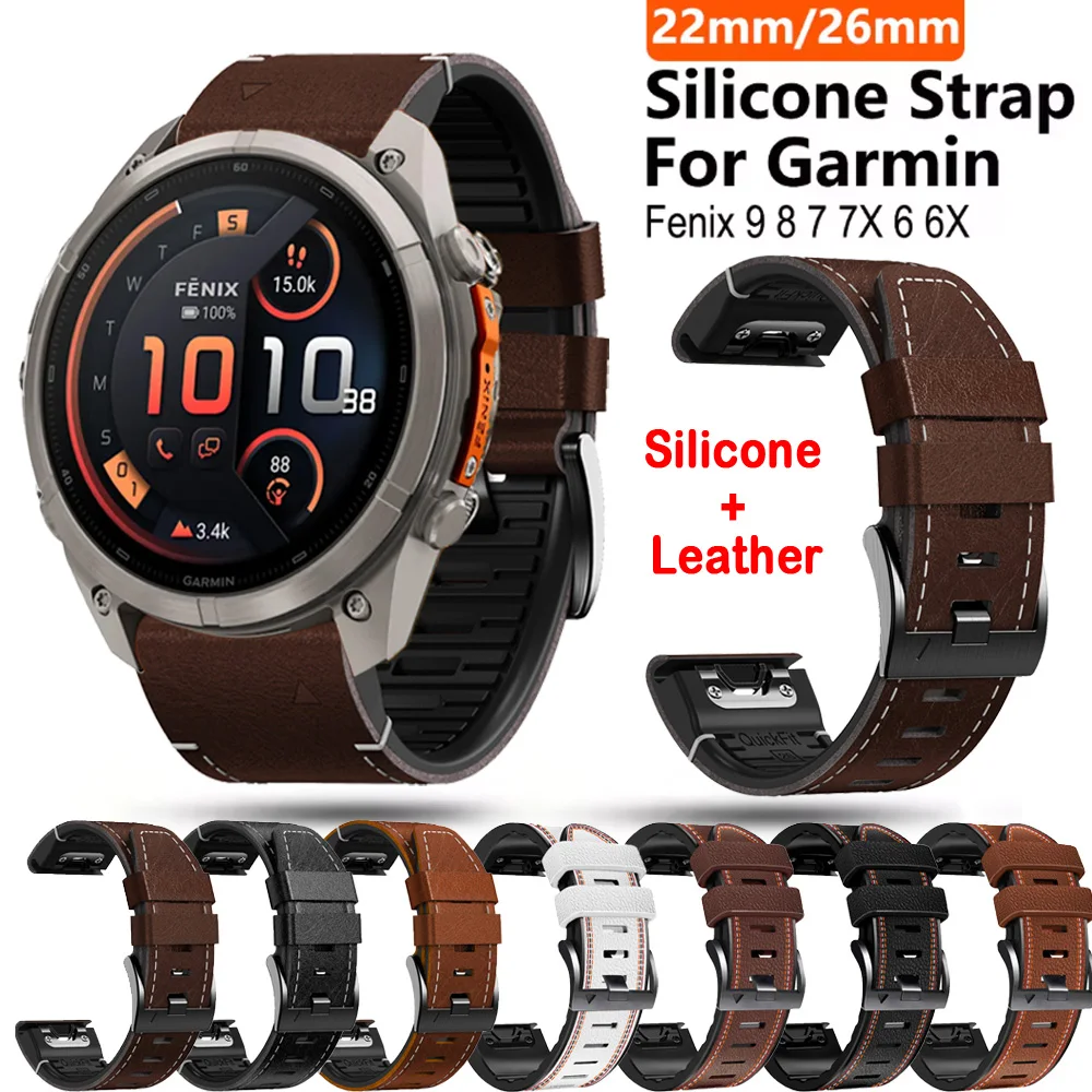 Quickfit 22 26 mm Silicone Leather Strap For Garmin Fenix 9Pro Wrist Band Fenix 9 5 6 Plus 6 7 Pro 7 7X 8 AMOLED Enduro2 3 Band